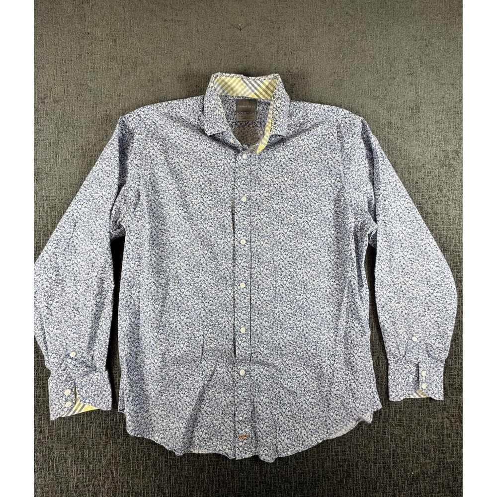 Thomas Dean Button Up Long Sleeve Shirt Mens Medium Blue Floral Flower Print